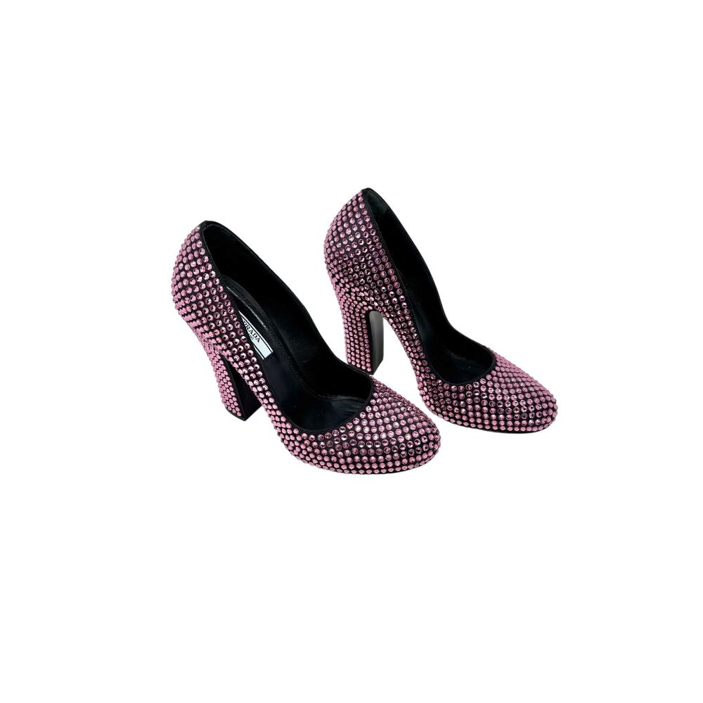 Prada Pink Swarovski Runway 2019 Crystal Embellished Block Heel Pump EU 38